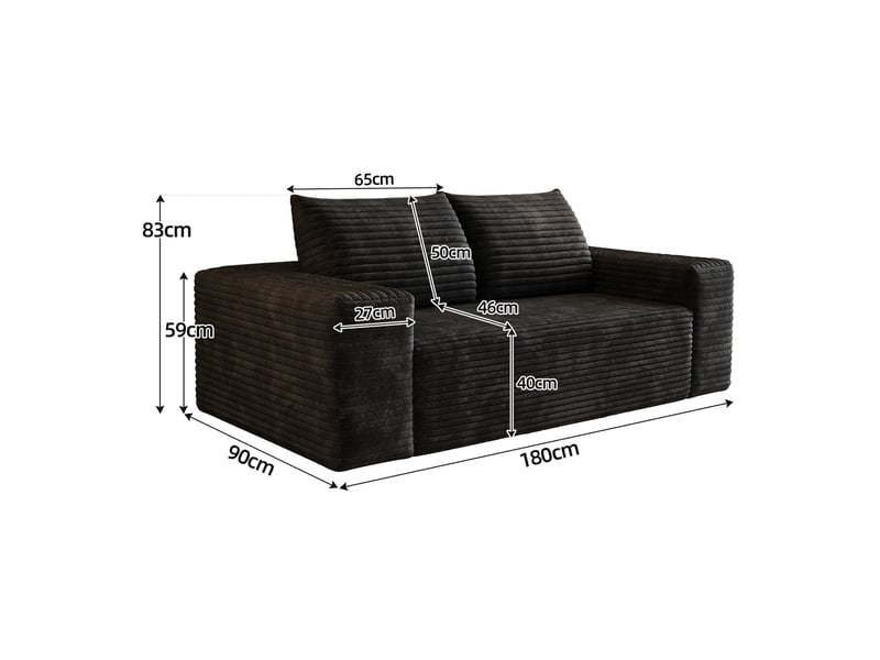 Canapé modulaire 3 places 180 cm en velours côtelé noir, sans montage Fay Lum - Conforama C