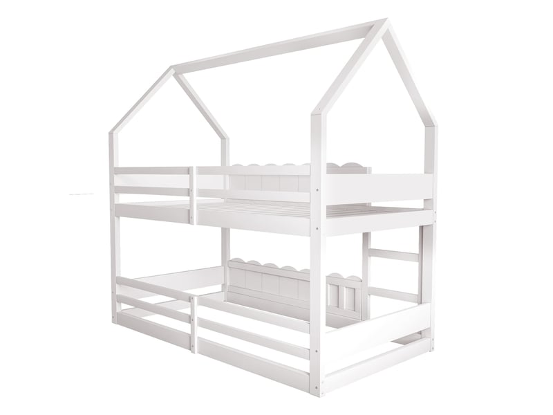  Lit superposé pour enfants, 90 x 200 cm, design en forme de maison avec barrières de sécurité surélevées, couleur blanc  - Conforama E