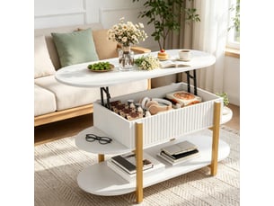 Table basse relevable – plateau ovale – rangement intégré – design moderne – blanc