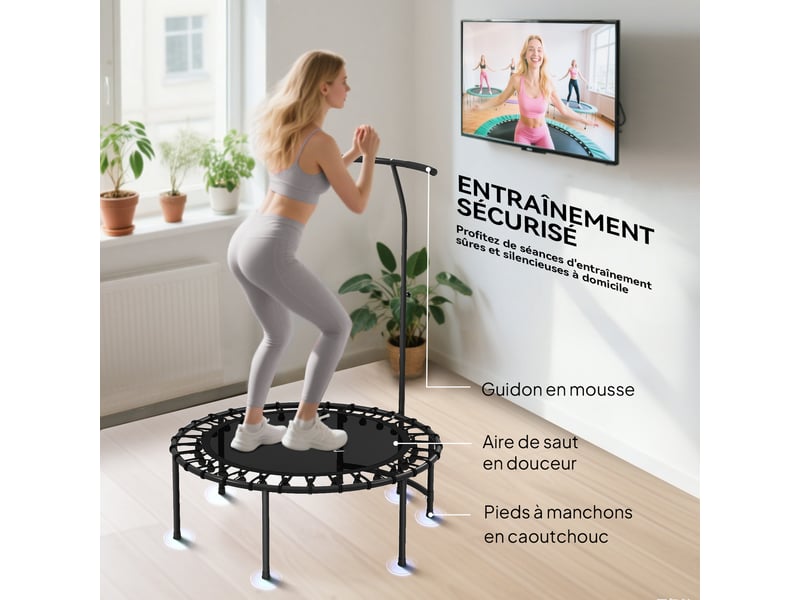  Trampoline de fitness avec cordes élastiques, poignée réglable 5 positions, capacité 100 kg, acier, ø102x132cm, noir  - Conforama R
