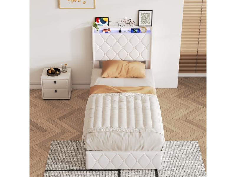  Lit coffre simple 90x200 cm avec tête de lit matelassée et sommier, led et ports usb-c, velours, beige, sans matelas  - Conforama E