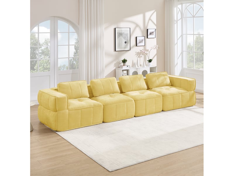 Canapé modulable 4 places modenvie, 344 x 93 x 67 cm, structure sans cadre, mousse haute densité 32d, tissu polyester jaune, sans montage  - Conforama D