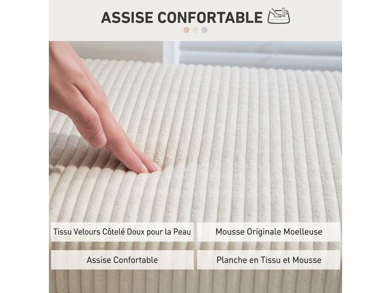  Banc de rangement beige 112x42x40 cm avec coffre, revêtement aspect velours côtelé et pieds en acier  - Conforama E
