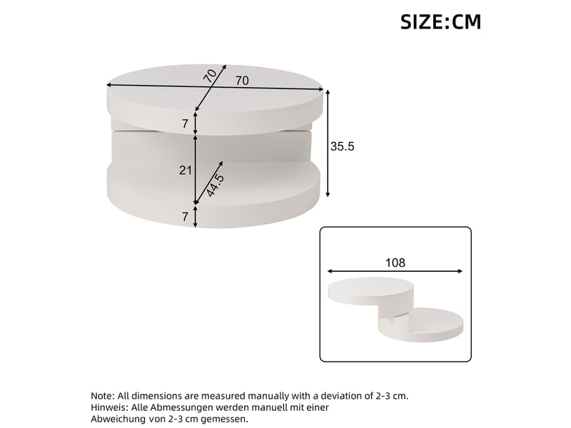  Table basse ronde 70 x 70 x 35,5 cm pivotante à led, mdf blanc, 2 niveaux  - Conforama C