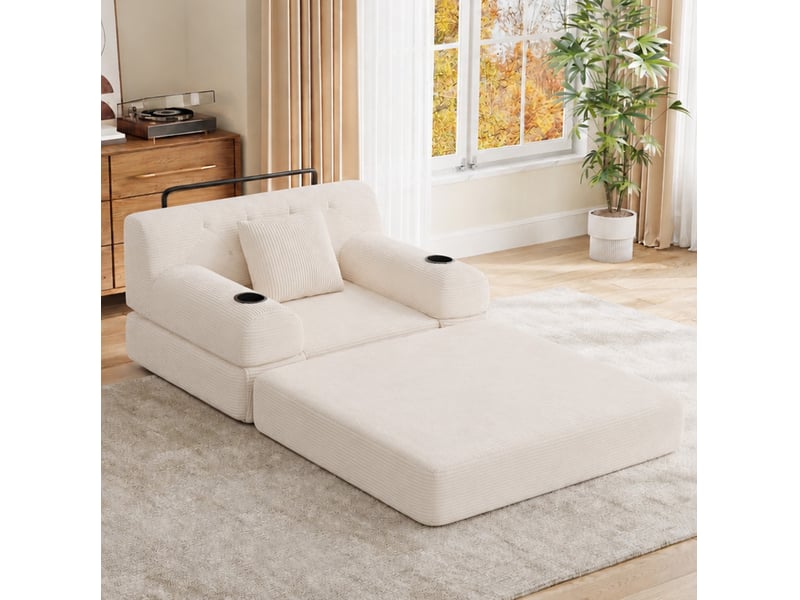Canapé convertible compressé 1 place en velours côtelé beige, 4 poches et 2 porte-gobelets - Conforama B