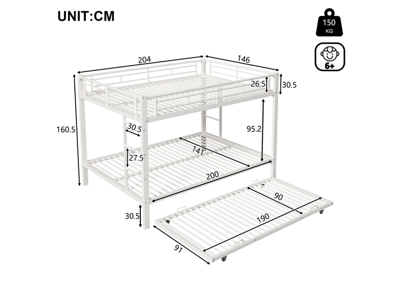 Lit superposé enfant 140x200 cm en métal blanc avec lit gigogne  - Conforama C