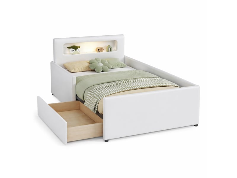 Lit simple enfant 200×90 cm avec tiroirs, veilleuse led, port usb et côtés surélevés, en similicuir blanc - Conforama A