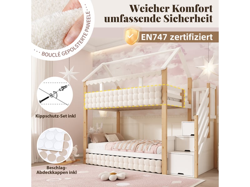  Lit superposé enfant 2x90x200cm avec lit gigogne 90x190cm, escalier à rangements, panneaux bouclette et garde-corps, norme en 747, pour la chambre  - Conforama E