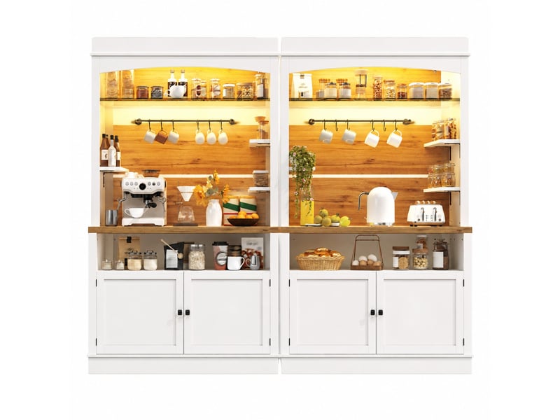 Buffet de cuisine haut lot de 2 avec étagère en verre, 6 crochets et led multicolore pour cuisine 107×34×184 cm blanc - Conforama A