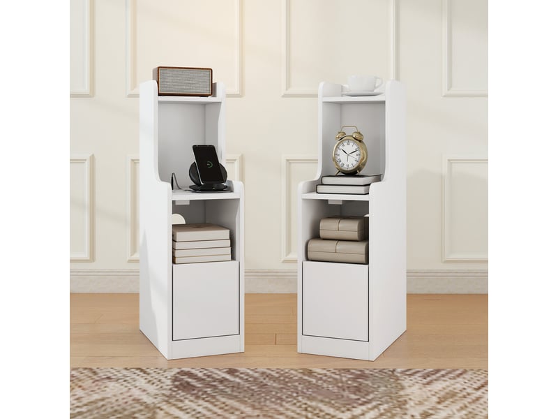  Lot de 2 tables de chevet avec station de charge, tables de nuit modernes avec tiroir, étagères ouvertes, blanc  - Conforama C