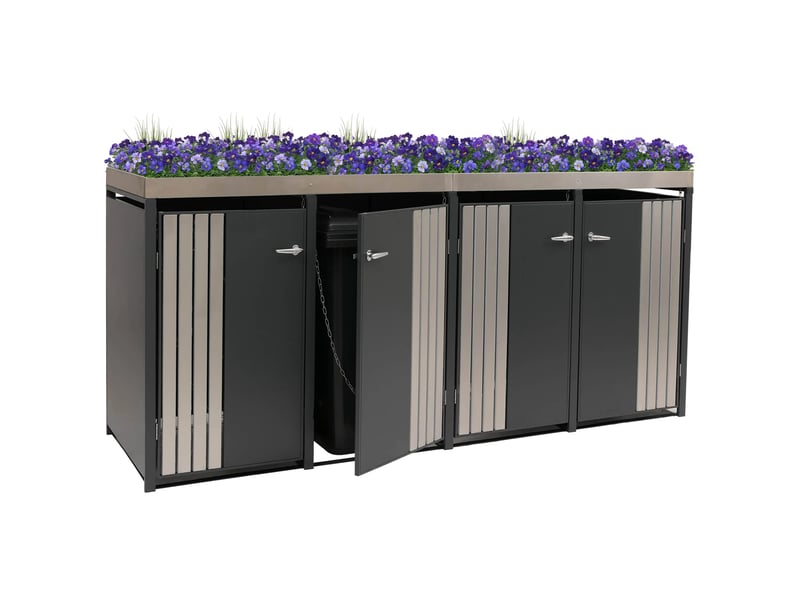  Cache poubelles quadruple avec jardinière intégrée 125x260x84 cm acier galvanisé inox anthracite 04_0009312  - Conforama B