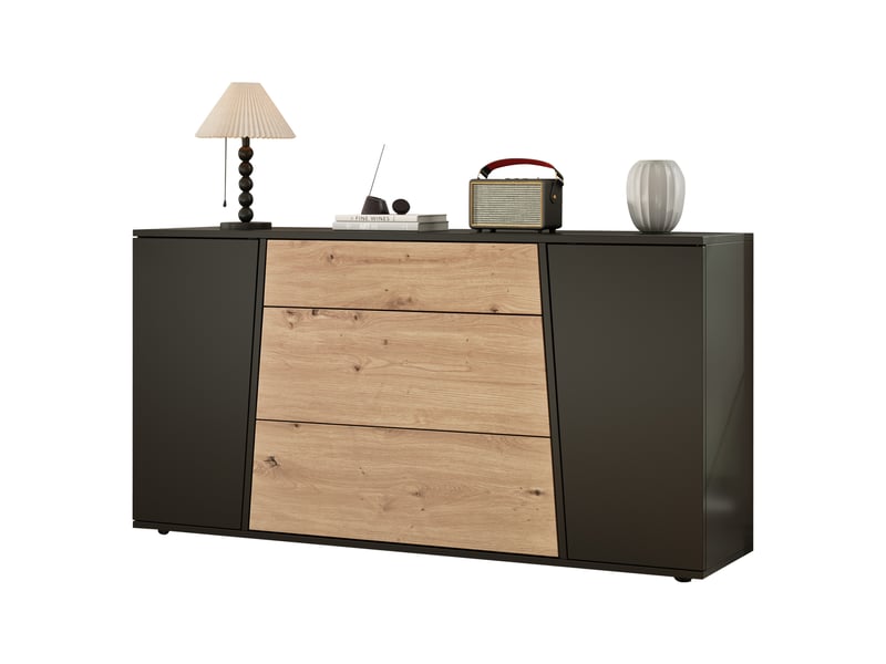  Buffet bas 140x35x70 cm avec 2 portes, 3 tiroirs, étagères réglables, sans poignées, noir et effet bois naturel, pour cuisine et salon  - Conforama A