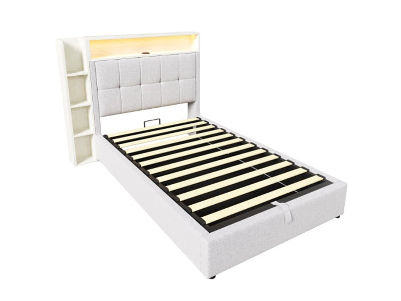 Lit coffre 90x200 cm, lit enfant, avec port usb-type-c, rangement, éclairage led, en lin, beige, sans matelas - Conforama E