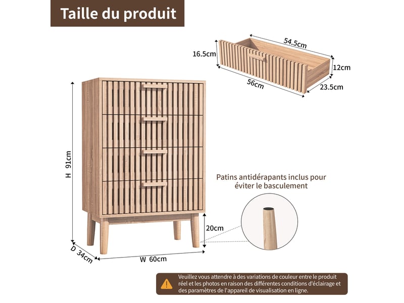 Commode 4 tiroirs - 60x34x91cm - meuble rangement chiffonnier scandinave façades à lattes et pieds hauts - chêne clair - Conforama E