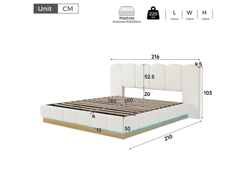  Lit double 180x200 hydraulique avec coffre et tête de lit led bouclé blanc — design moderne  - Conforama C
