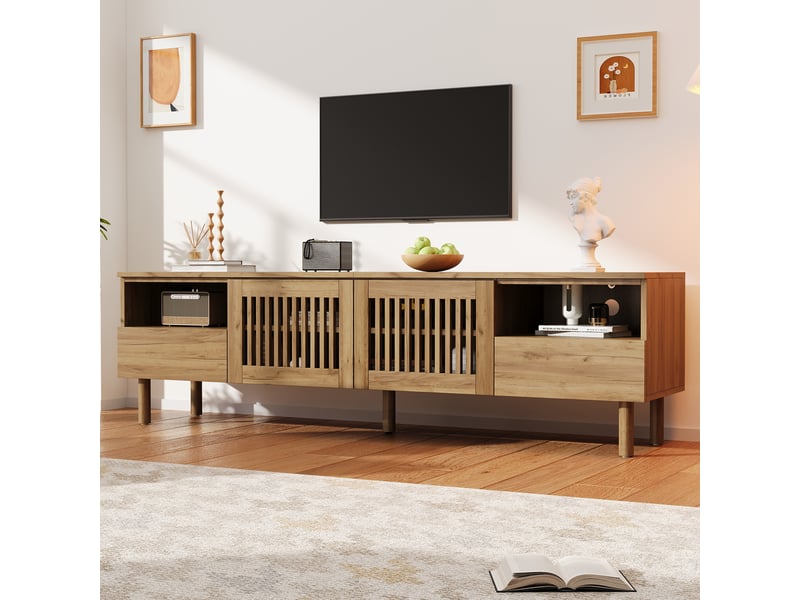  Meuble tv 180 cm en bois mdf, 2 portes grillagées et 2 tiroirs, niches ouvertes, pieds en bois massif, pour téléviseur 55-75 pouces, 180×40×51 cm  - Conforama D