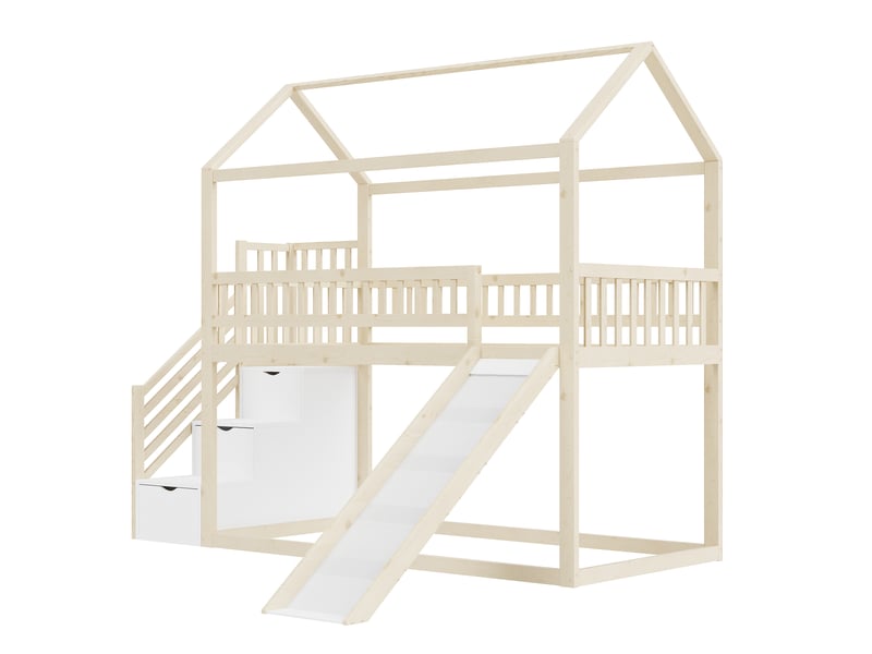 Lit mezzanine enfant 90x200 cm en bois massif, lit avec toboggan et escalier de rangement, barrière de sécurité, couleur bois naturel. - Conforama D