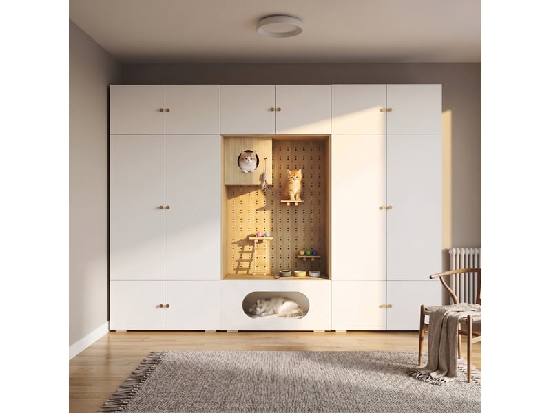  Ensemble de rangement 270x50x200 cm avec penderie et 11 compartiments en panneau de particules blanc et aspect bois  - Conforama B