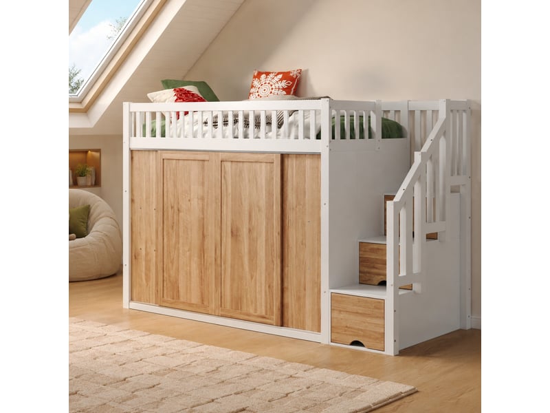  Lit mezzanine enfant 200×90 cm avec armoire, escalier de rangement et éclairage multicolore, sans matelas, blanc et chêne  - Conforama B