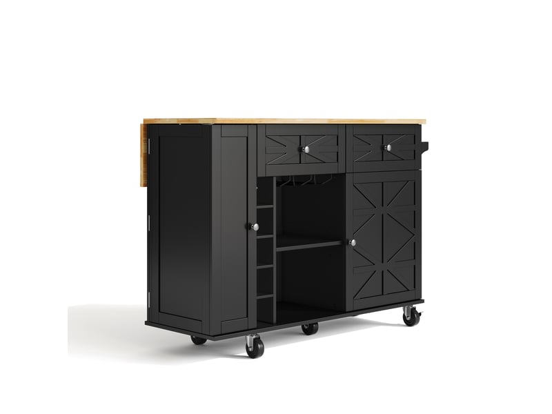  Îlot de cuisine avec plan de travail pliant, 5 roues verrouillables, étagère porte, étagère à vin et support verre, noir, 120 x 45(70) x 89 cm  - Conforama E