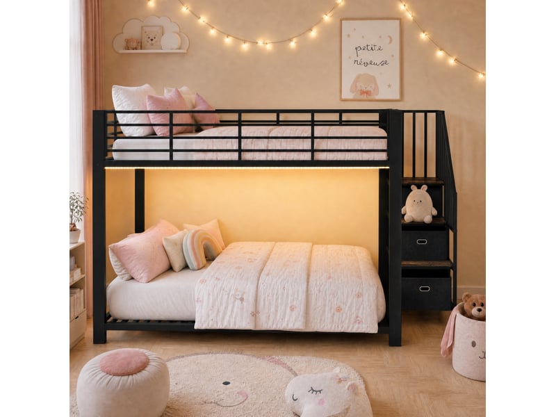  Lit superposé modenvie adulte 140 x 200 cm avec escalier de rangement led prises usb noir  - Conforama E