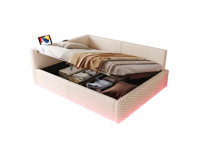  Lit banquette 140 x 200 cm beige en velours avec coffre hydraulique, dossier moelleux en l, led, ports usb type-c, rangement chambre moderne  - Conforama A