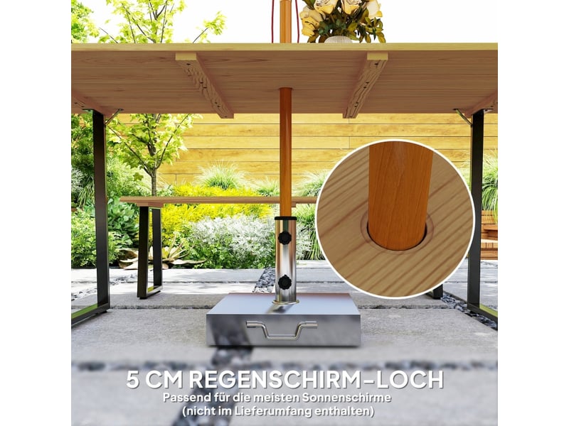  Salon de jardin avec 1 table et 2 bancs  - trou de parasol - acier et bois de sapin - bois naturel  - Conforama E