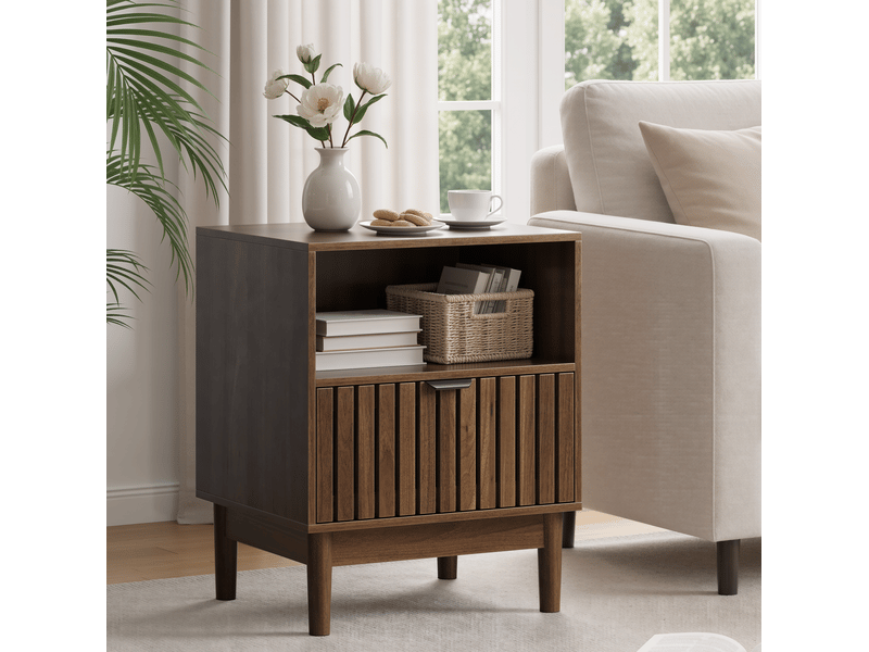  Table de chevet moderne 45x39x56,5 cm en mdf coloris noyer avec tiroir  - Conforama E