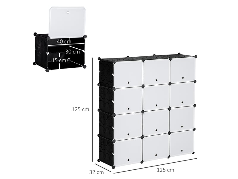  Système d'étagères modulaires, étagère à emboîter, composée de 12 cubes de 125 x 32 x 125 cm, plastique et acier noir.  - Conforama E