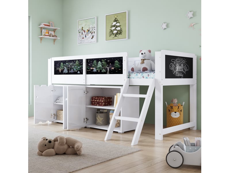  Lit mezzanine lit simple avec armoire 2 portes, tableau ardoise et barrière, 90×200 cm, sans matelas, blanc  - Conforama B