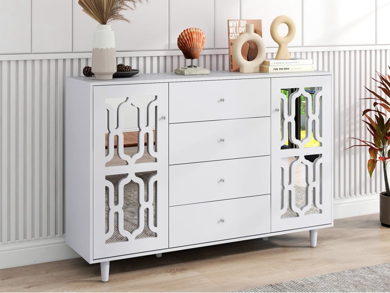  Buffet blanc, 147,5 x 40 x 102 cm, armoire, meuble de rangement, avec 2 miroir portes et 4 tiroirs, pour salon et salle à manger  - Conforama B