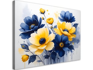 Impression sur toile, fleurs bleues et jaunes dans une aquarelle joyeuse 30x20