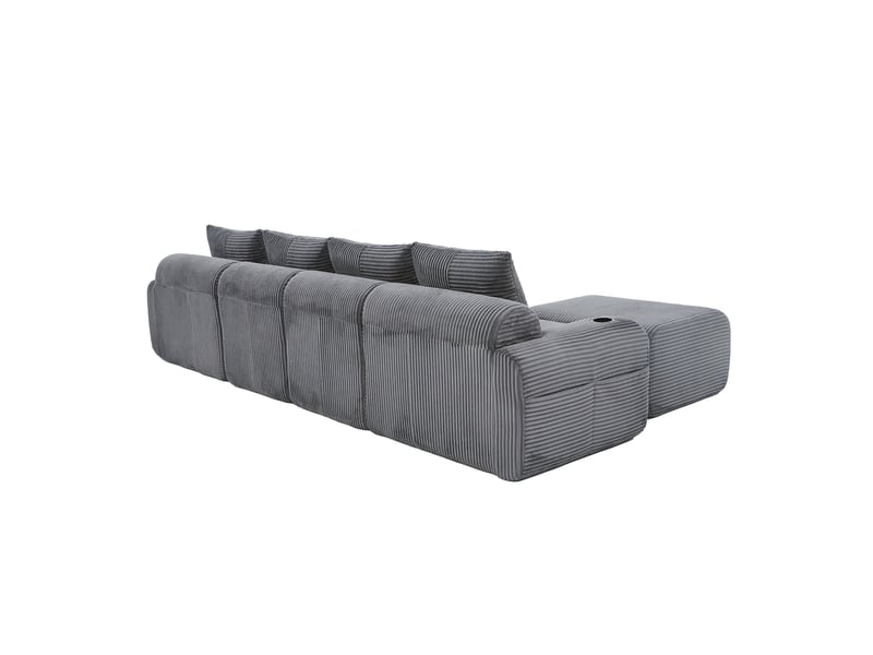 Canapé modulaire 4 places en velours côtelé avec 2 poufs, porte-gobelets, gris foncé - Conforama D