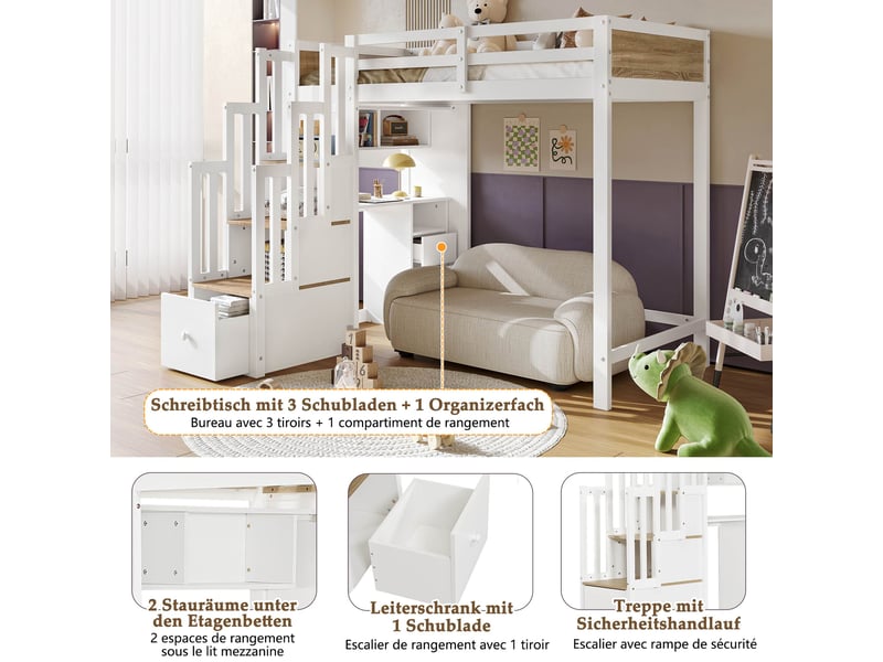 Lit mezzanine enfant 90x200 cm en bois avec bureau intégré, escalier avec rangements, tiroirs et étagère ouverte - blanc et naturel - Conforama E