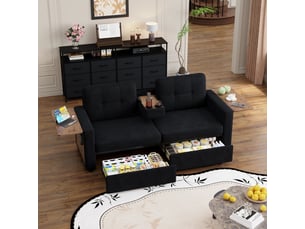Canapé 2 places en chenille avec rangement intégré, table d’appoint réglable et porte-gobelets - noir