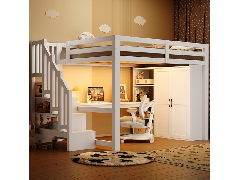  Lit mezzanine 140x200 avec bureau, étagère, armoire, escalier de rangement, usb et led blanc evryae  - Conforama C