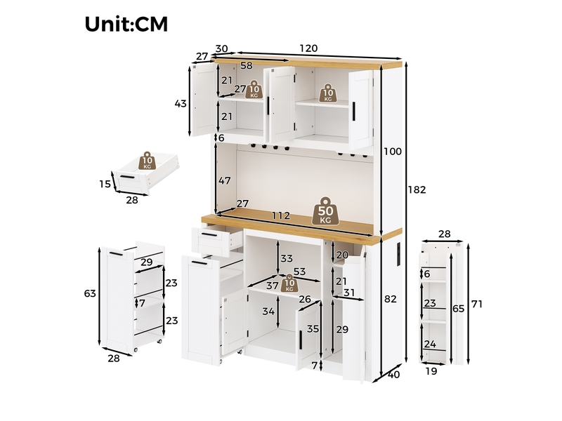 Armoire de cuisine haute avec éclairage led et prises, rangement avec tiroirs 3 niveaux et étagères réglables - Conforama C