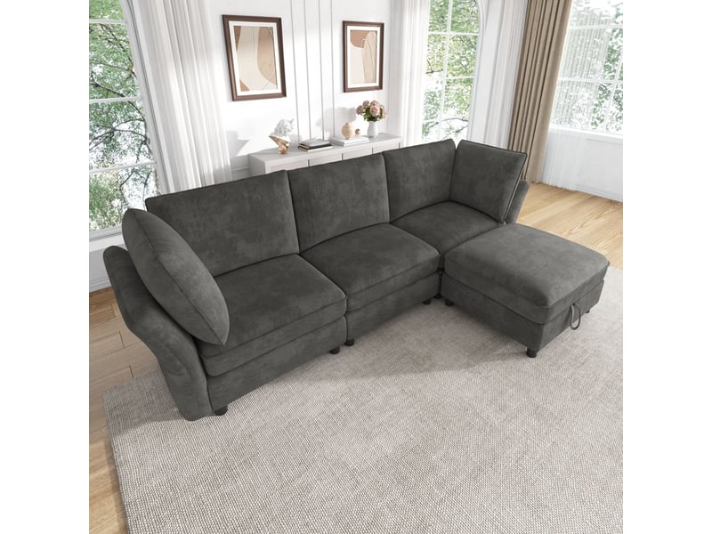  Canapé d’angle modulable 4 places 225 cm avec pouf de rangement, effet cloud, tissu chenille, assise moelleuse, gris  - Conforama B