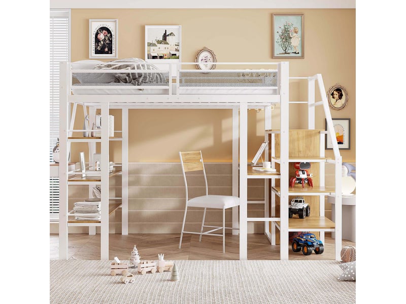  Lit mezzanine 140 x 200 cm blanc avec bureau, étagère et armoire  - Conforama C