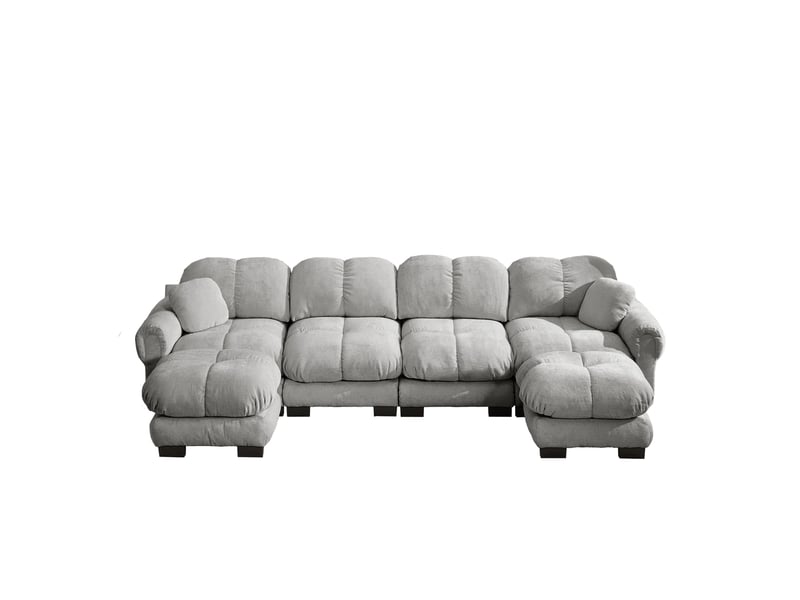 Canapé modulable 4 places en u avec ottoman mobile, tissu chenille gris clair, design moderne ergonomique pour salon spacieux - Conforama A