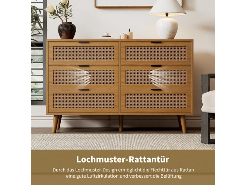  Commode 6 tiroirs avec poignées en métal - yeavio - rétro pour chambre, salon ou bureau, bois, 120×40×76,5 cm, noyer  - Conforama C