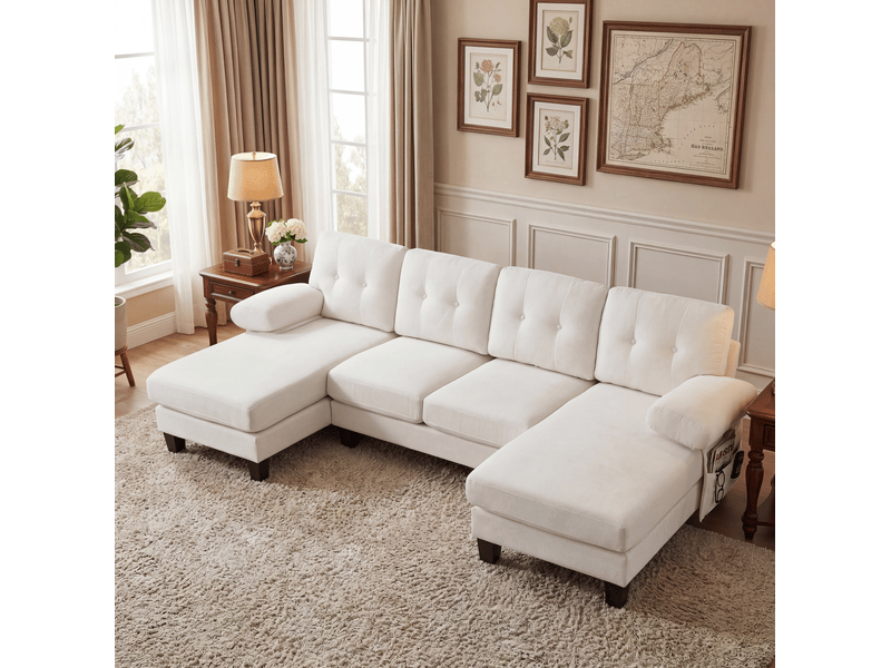  Canapé panoramique en u 4 places en chenille beige avec double méridienne  - Conforama D