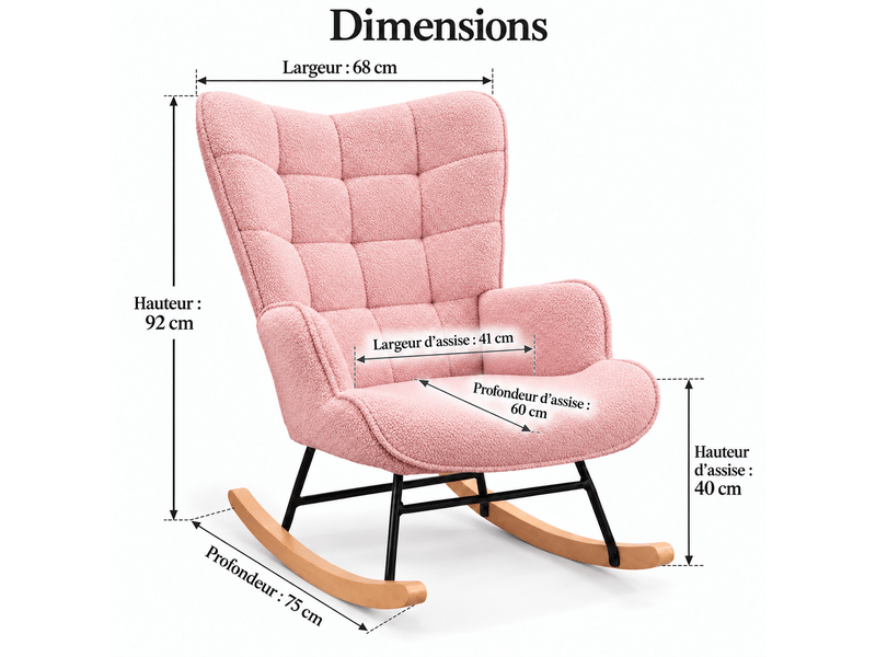  Chaise à bascule, fauteuil a bascule avec polaire sherpa, allaitement fauteuil pour salon, chambre, balcon, rose  - Conforama C