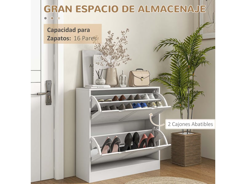  Meuble à chaussures d'entrée avec 2 tiroirs abattants et étagères réglables pour 16 paires de chaussures, 81,5 x 25 x 83 cm, blanc  - Conforama E