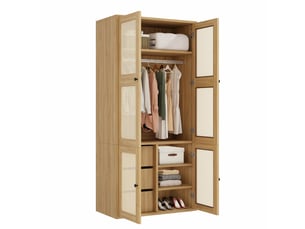 Armoire de chambre en rotin 90x47x200 cm avec 1 penderie 3 tiroirs et 4 compartiments mdf effet chêne