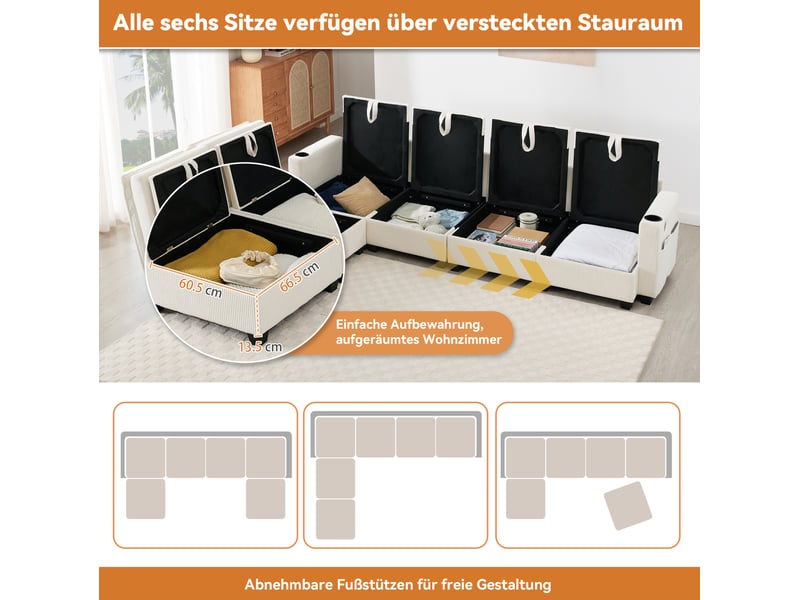  Canapé modulaire 6 places 280x152 cm – beige – rangement, usb, porte-gobelets et poufs amovibles  - Conforama E