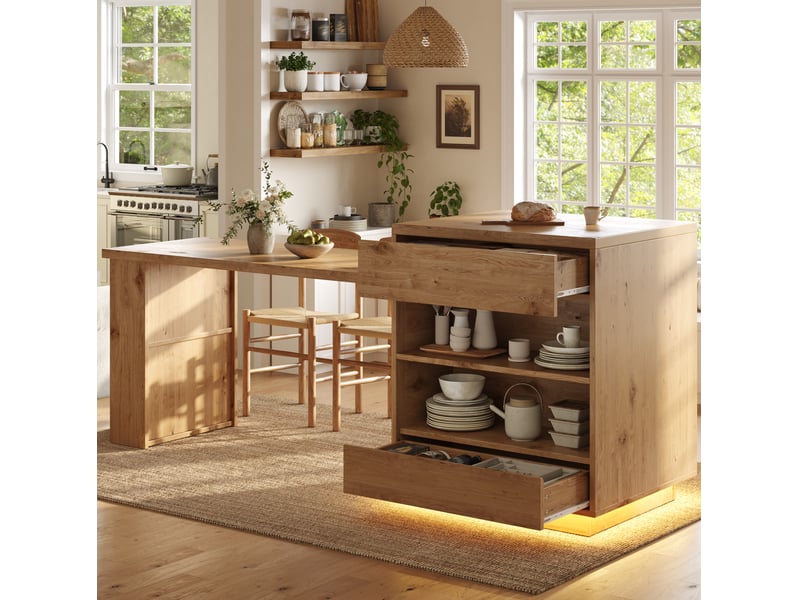 Îlot de cuisine extensible 122-194.5x70x94 cm, 4 tiroirs, led, finition naturelle - Conforama D