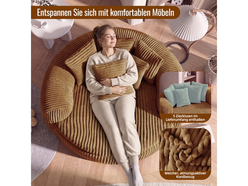  Fauteuil lounge 1 places en velours côtelé camel, assise profonde 89×90 cm, 5 coussins, sans montage, design arrondi  - Conforama D