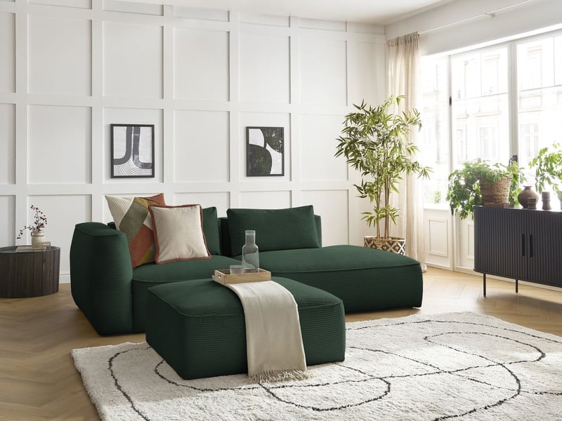  Bobochic canapé droit fixe 3 places leopold velours côtelé avec pouf vert foncé  accoudoir gauche LEOPOLD - Conforama B