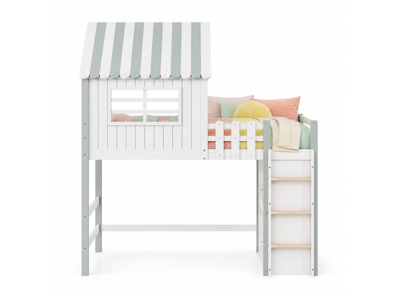  Lit mezzanine enfant 90 x 200 cm en bois avec toit, échelle et barrière verte  - Conforama A